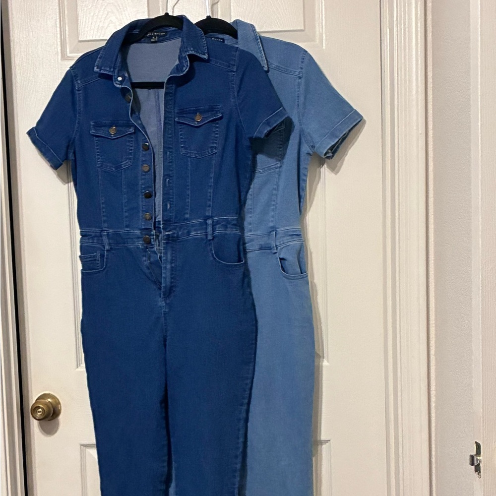 Haute Monde Denim Button-Front Jumpsuit in Dark & Light Blue (both jumpsuits)